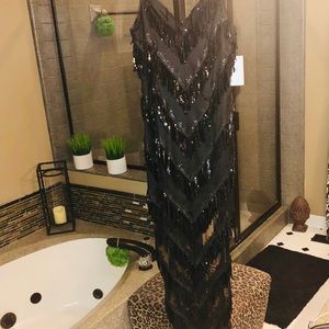 Aidan Mattox Black Sequin Fringe Dress